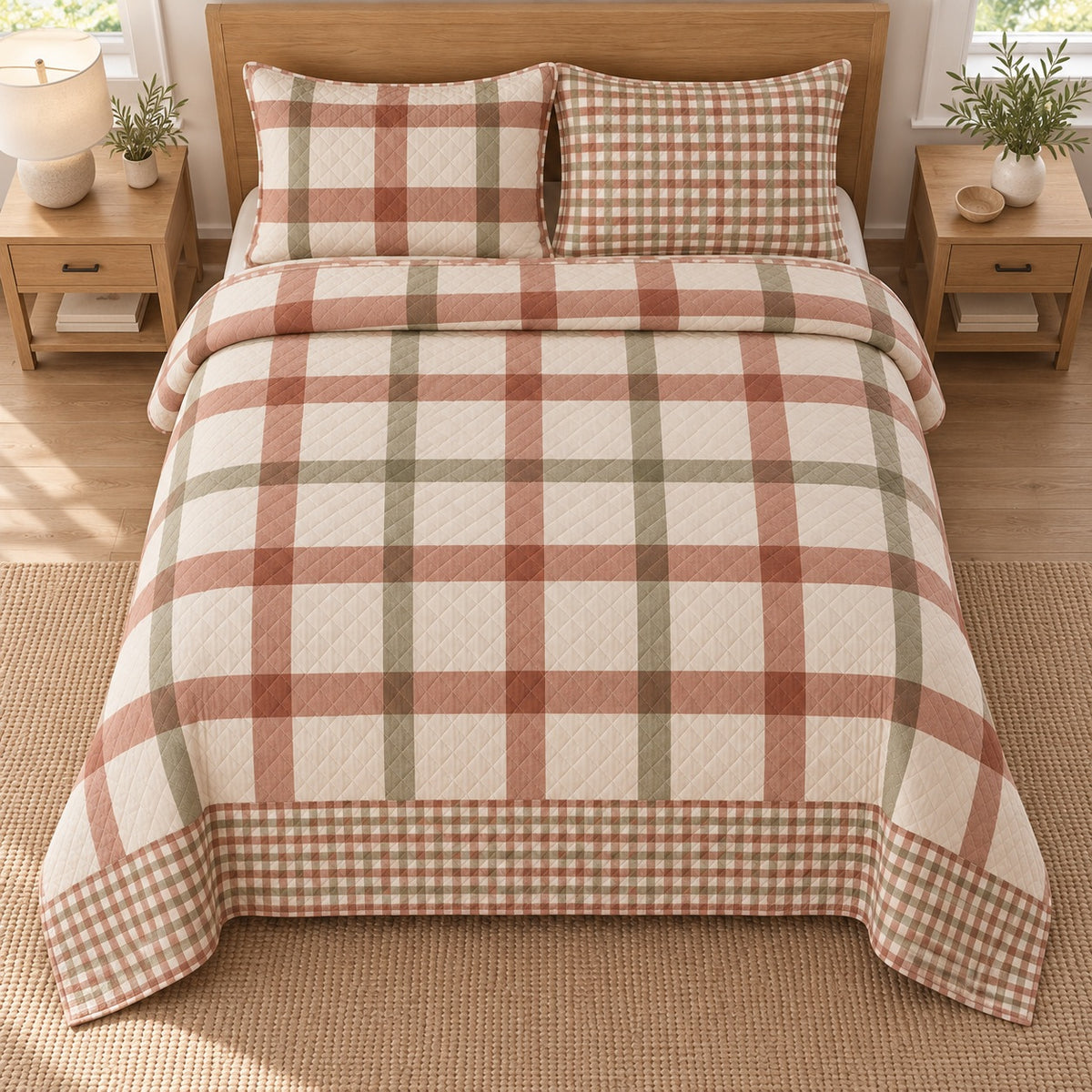 AI mockup, high overhead bedroom view of a gingham quilt with oversized terracotta and sage window checks and two matching printed pillow shams.