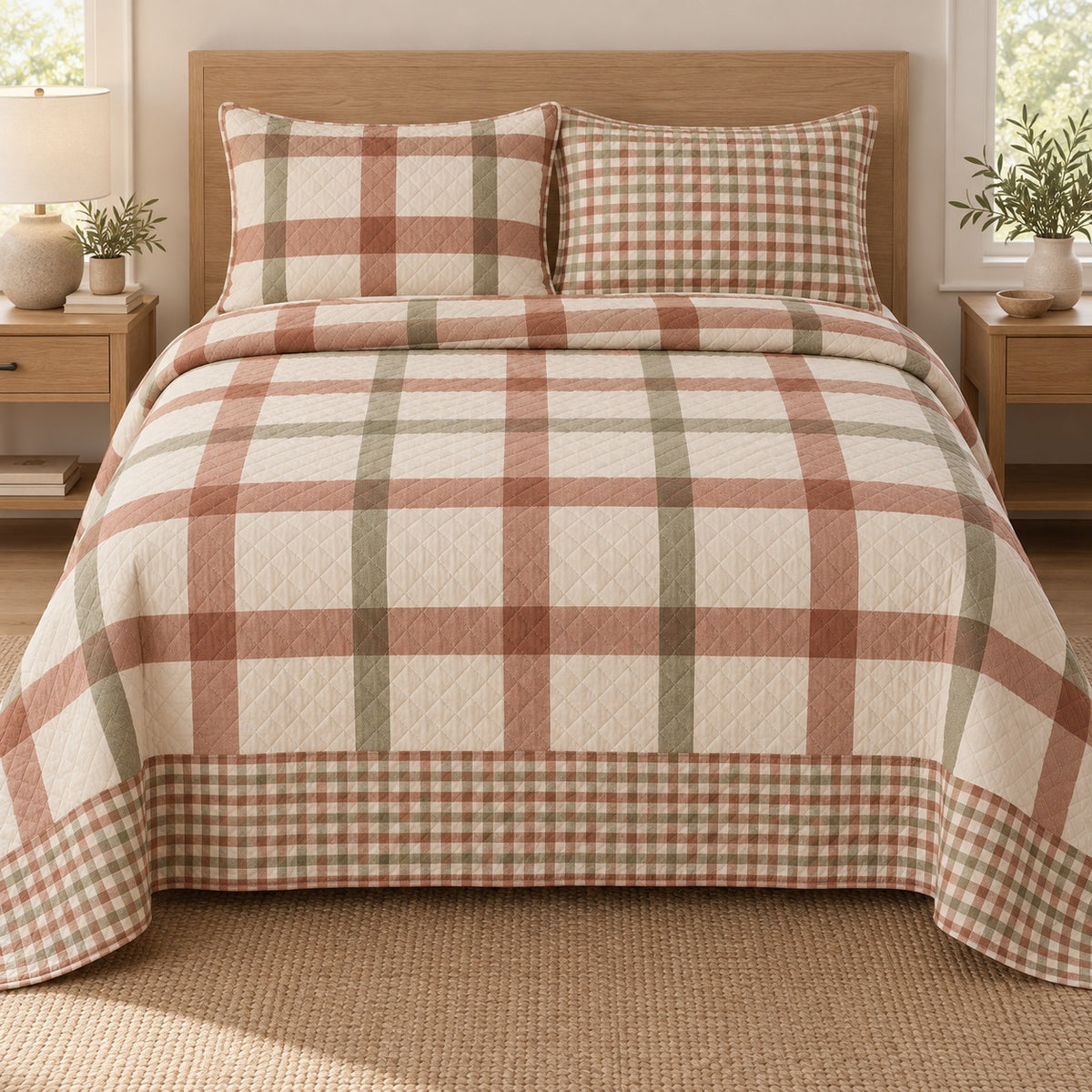 AI mockup, front bedroom view of a gingham quilt with oversized terracotta and sage window checks and two matching printed pillow shams.