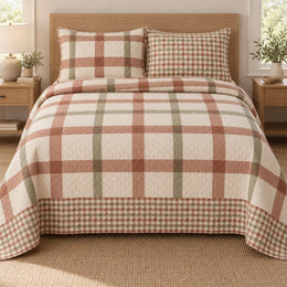 Gingham Quilt Set, Oversized Window Checks, Terracotta Sage Bedroom Decor, Gift for Check Lovers