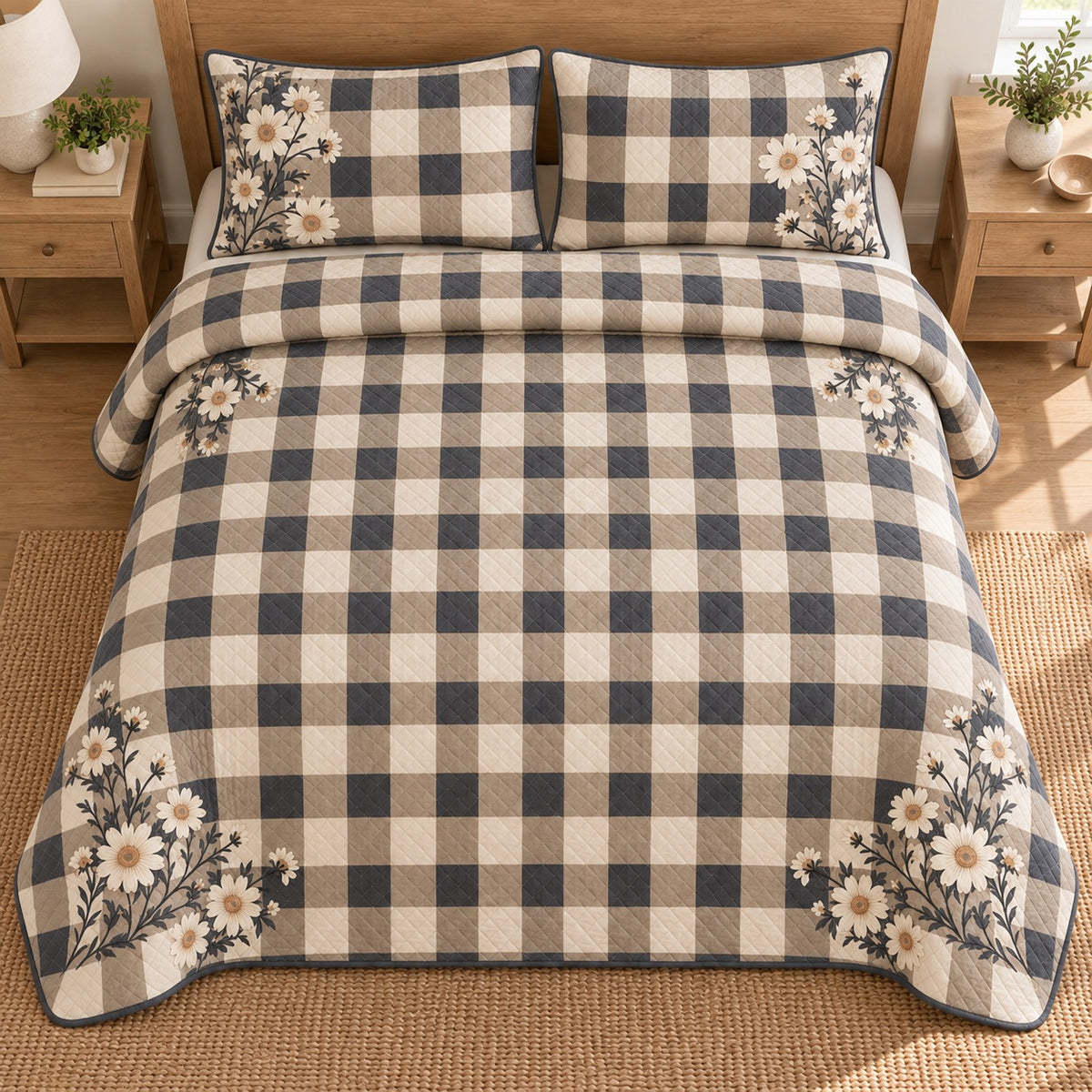 AI mockup, high overhead bedroom view of a gingham quilt with neutral gingham checks and daisy corners and two matching printed pillow shams.
