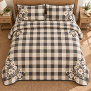 AI mockup, high overhead bedroom view of a gingham quilt with neutral gingham checks and daisy corners and two matching printed pillow shams.