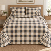 AI mockup, front bedroom view of a gingham quilt with neutral gingham checks and daisy corners and two matching printed pillow shams.