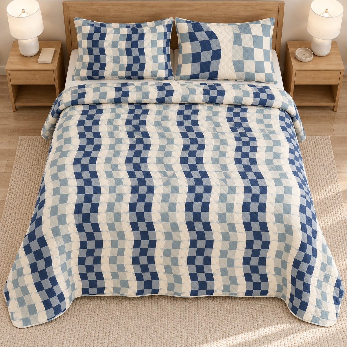 AI mockup, high overhead bedroom view of a gingham quilt with wavy gingham check columns and two matching printed pillow shams.