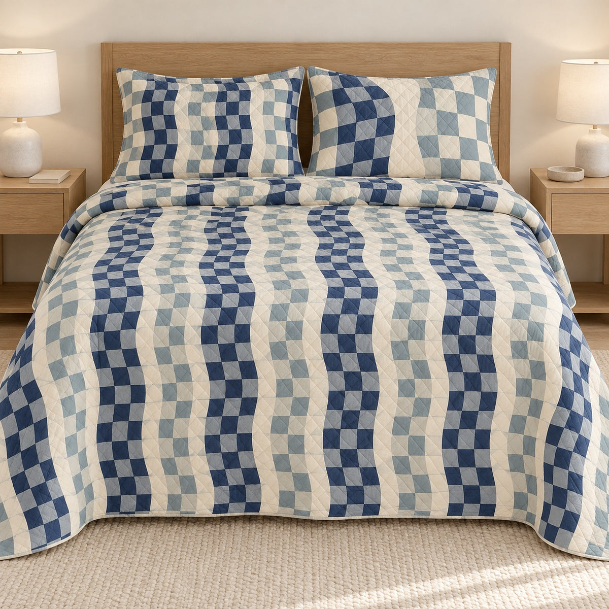 AI mockup, front bedroom view of a gingham quilt with wavy gingham check columns and two matching printed pillow shams.