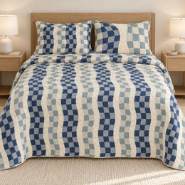 Gingham Quilt Set, Wavy Check Columns, Playful Bedroom Decor, Gift for Check Pattern Lovers