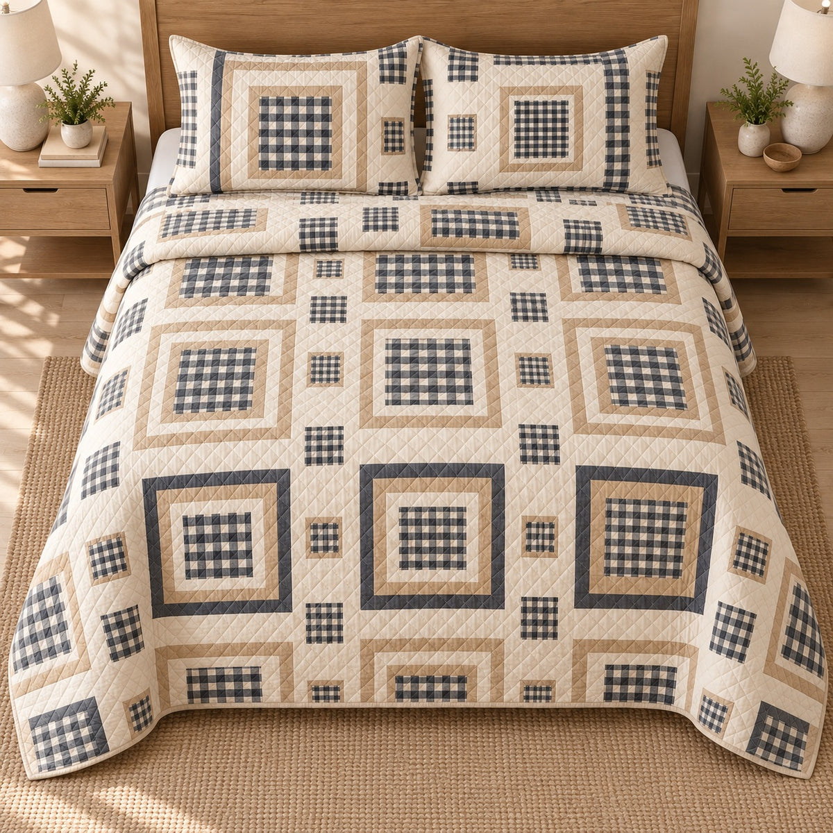 AI mockup, high overhead bedroom view of a gingham quilt with nested gingham check squares and two matching printed pillow shams.