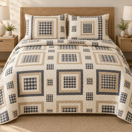 Gingham Quilt Set, Nested Check Squares, Country Bedroom Decor, Gift for Geometric Pattern Lovers