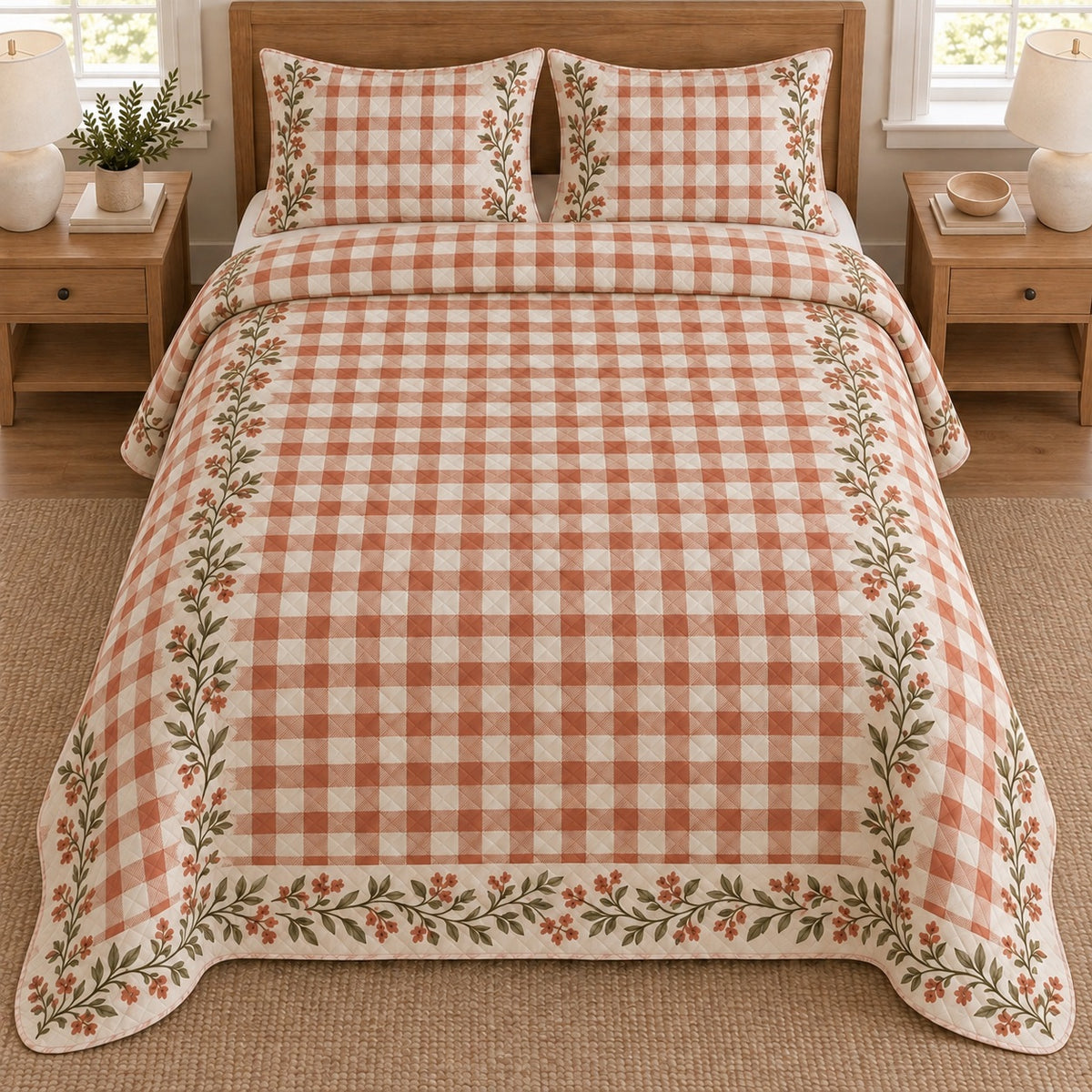 AI mockup, high overhead bedroom view of a gingham quilt with gingham checks and a leafy garden border and two matching printed pillow shams.