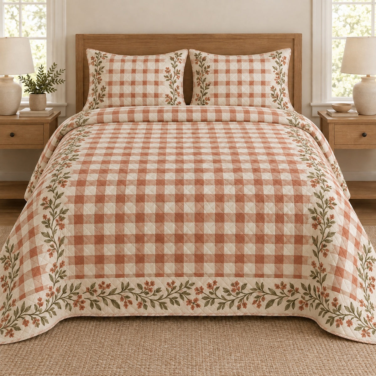 AI mockup, front bedroom view of a gingham quilt with gingham checks and a leafy garden border and two matching printed pillow shams.