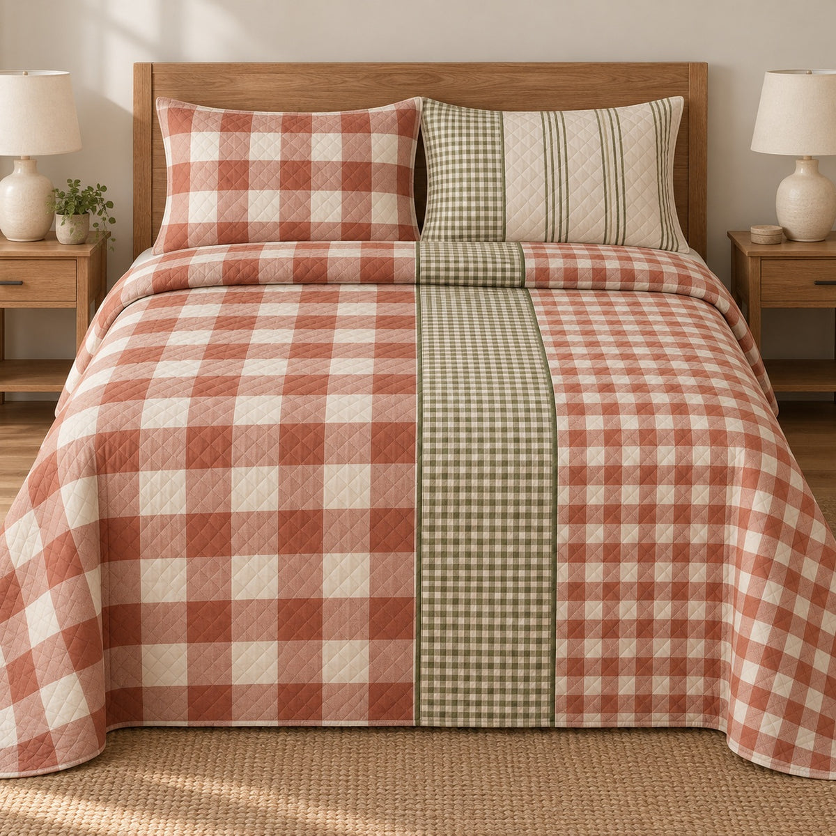 AI mockup, front bedroom view of a quilt with asymmetric gingham check panels and two matching printed pillow shams.