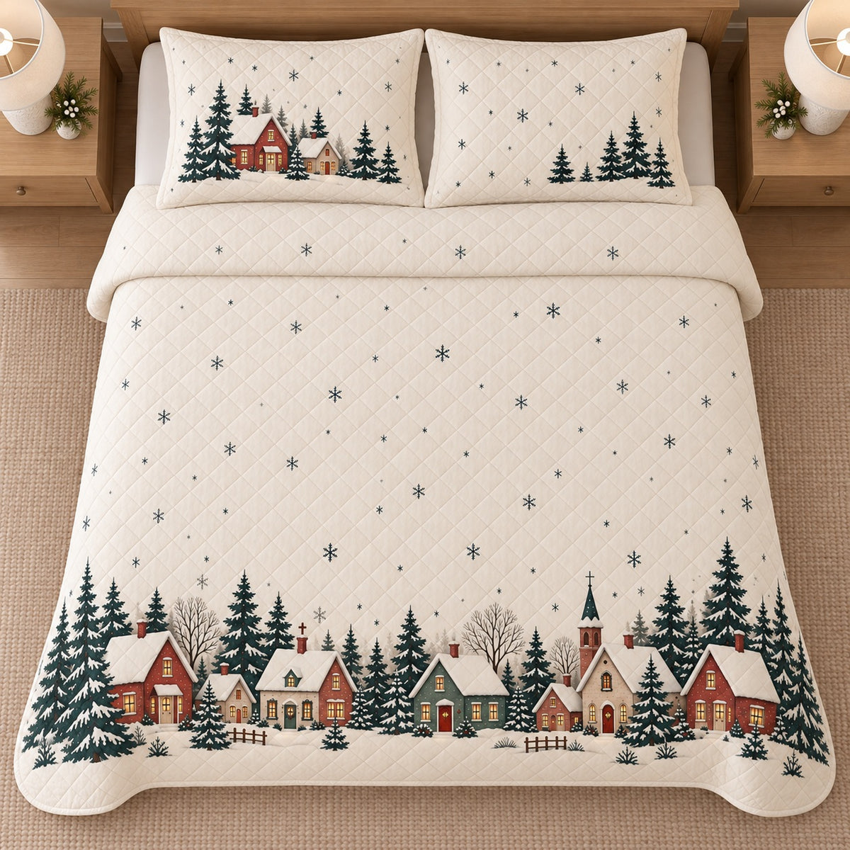AI mockup, high overhead bedroom view of a Christmas quilt with snowy village border and evergreen trees and two matching printed pillow shams.