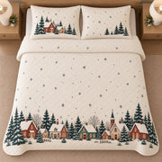 AI mockup, high overhead bedroom view of a Christmas quilt with snowy village border and evergreen trees and two matching printed pillow shams.