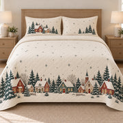 AI mockup, front bedroom view of a Christmas quilt with snowy village border and evergreen trees and two matching printed pillow shams.