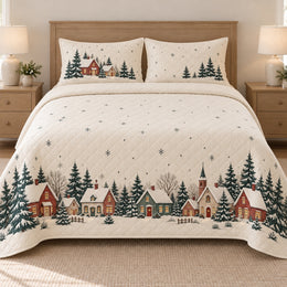 Christmas Quilt Set, Snowy Village Border, Cozy Winter Bedroom Decor, Gift for Christmas Lovers