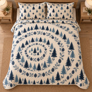 AI mockup, high overhead bedroom view of a Christmas quilt with blue woodland tree rings and pinecones and two matching printed pillow shams.