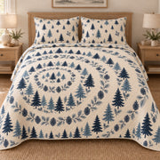 AI mockup, front bedroom view of a Christmas quilt with blue woodland tree rings and pinecones and two matching printed pillow shams.