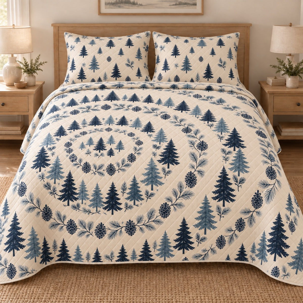 AI mockup, front bedroom view of a Christmas quilt with blue woodland tree rings and pinecones and two matching printed pillow shams.