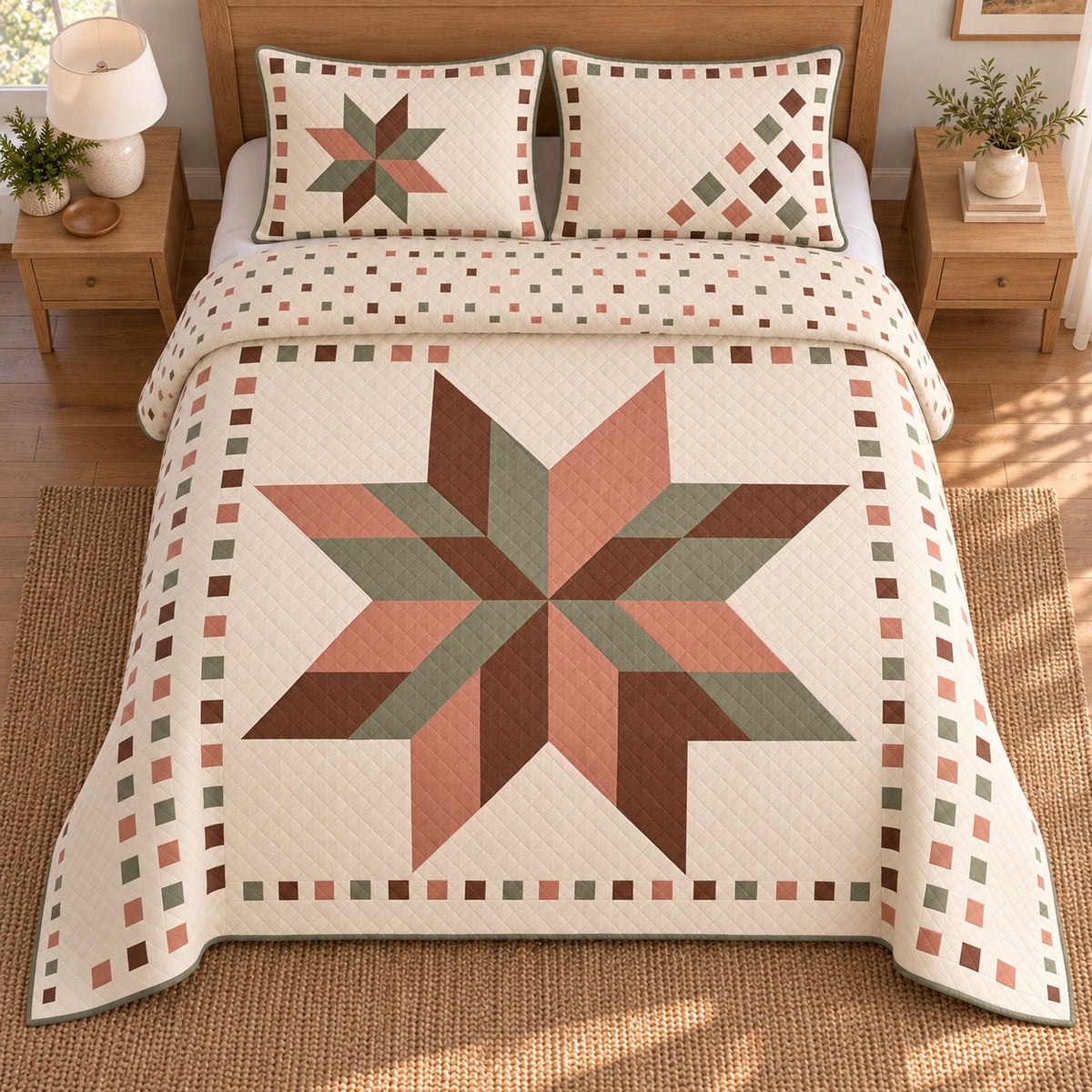AI mockup, high overhead bedroom view of a Christmas quilt with earthy geometric star illusion and two matching printed pillow shams.