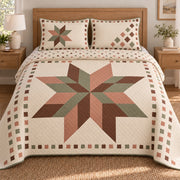 AI mockup, front bedroom view of a Christmas quilt with earthy geometric star illusion and two matching printed pillow shams.