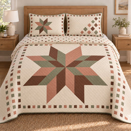 Christmas Quilt Set, Printed Star Illusion, Earthy Winter Bedroom Decor, Gift for Star Lovers