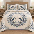 Christmas Quilt Set, Blue Folk Birds and Garlands, Winter Bedroom Decor, Gift for Bird Lovers