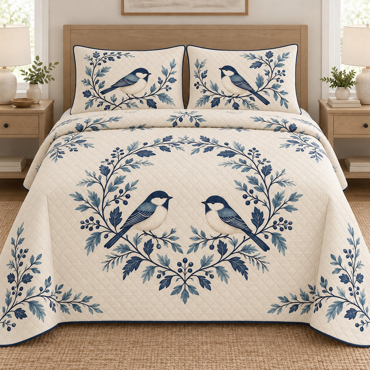 AI mockup, front bedroom view of a Christmas quilt with blue folk birds and leafy garlands and two matching printed pillow shams.
