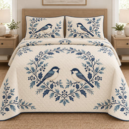 Christmas Quilt Set, Blue Folk Birds and Garlands, Winter Bedroom Decor, Gift for Bird Lovers