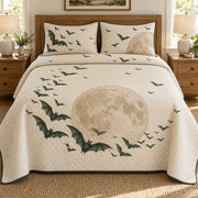 AI mockup, front bedroom view of a Halloween quilt with bats sweeping around a sand-colored moon and two matching printed pillow covers.