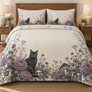 AI mockup, front bedroom view of a Halloween quilt with black cat with purple flowers and mushrooms and two matching printed pillow covers.