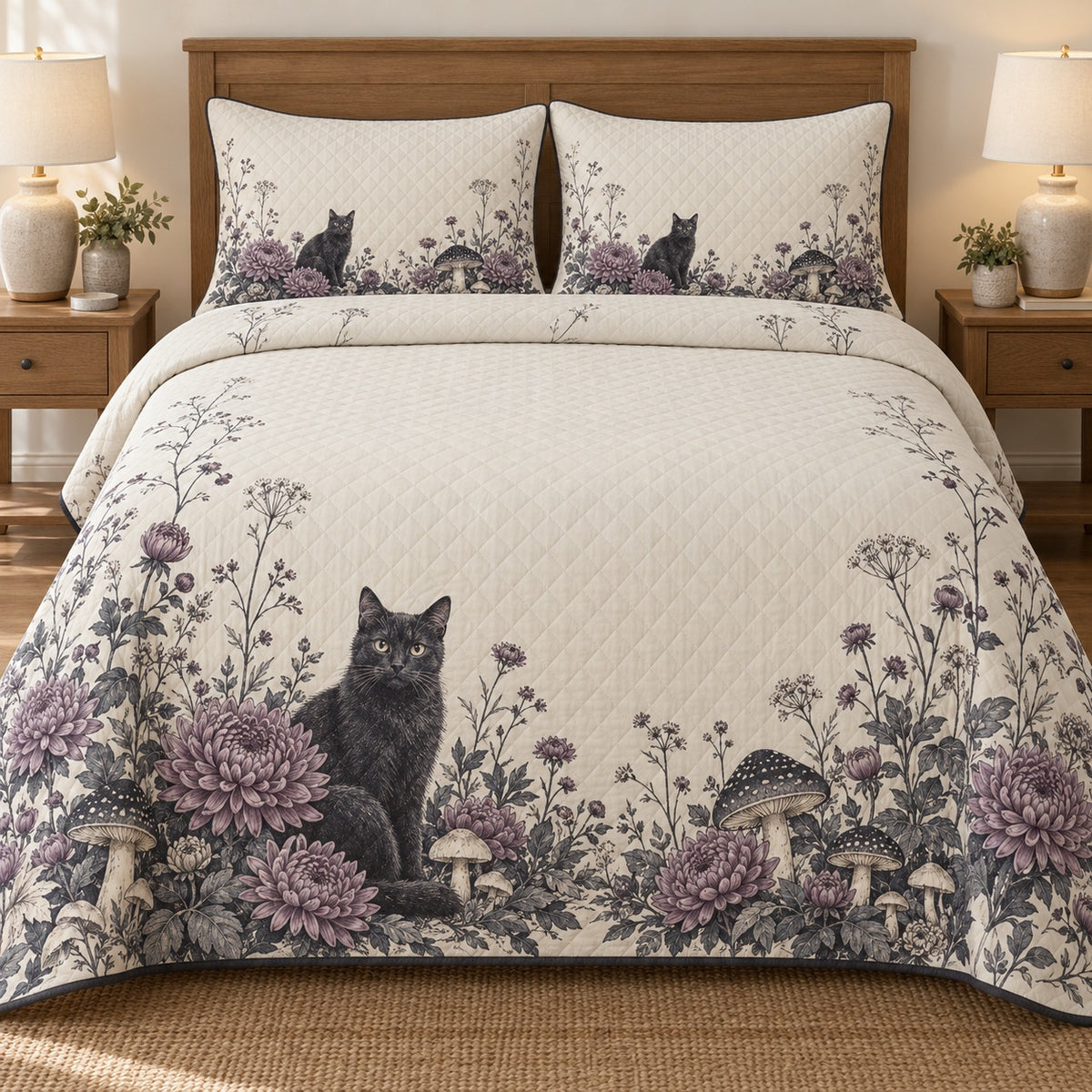 AI mockup, front bedroom view of a Halloween quilt with black cat with purple flowers and mushrooms and two matching printed pillow covers.