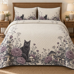 Halloween Quilt Set, Black Cat Garden, Seasonal Bedroom Decor, Gift for Halloween Lovers