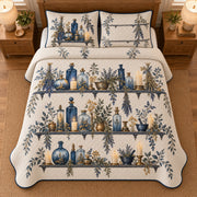 AI mockup, high overhead bedroom view of a Halloween quilt with blue potion bottles and herbs on printed shelves and two matching printed pillow covers.
