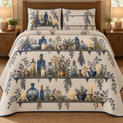 AI mockup, front bedroom view of a Halloween quilt with blue potion bottles and herbs on printed shelves and two matching printed pillow covers.