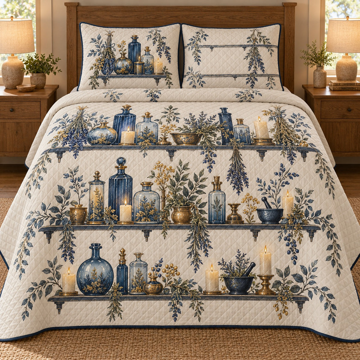 AI mockup, front bedroom view of a Halloween quilt with blue potion bottles and herbs on printed shelves and two matching printed pillow covers.