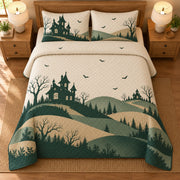 AI mockup, high overhead bedroom view of a Halloween quilt with paper-cut-style haunted houses and layered green hills and two matching printed pillow covers.