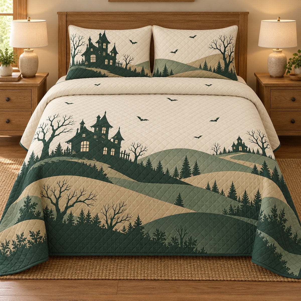 AI mockup, front bedroom view of a Halloween quilt with paper-cut-style haunted houses and layered green hills and two matching printed pillow covers.