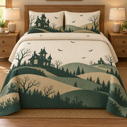 Halloween Quilt Set, Paper Cut Haunted Hills, Seasonal Bedroom Decor, Gift for Halloween Lovers