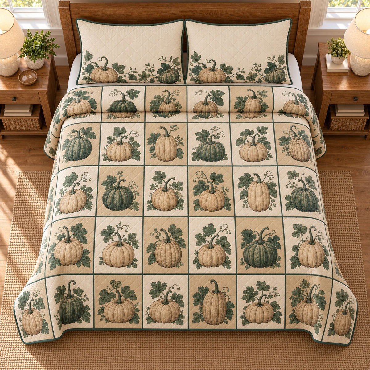 AI mockup, high overhead bedroom view of a Halloween quilt with botanical pumpkin tiles with vines and leaves and two matching printed pillow covers.