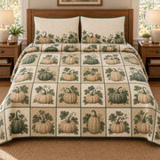 AI mockup, front bedroom view of a Halloween quilt with botanical pumpkin tiles with vines and leaves and two matching printed pillow covers.