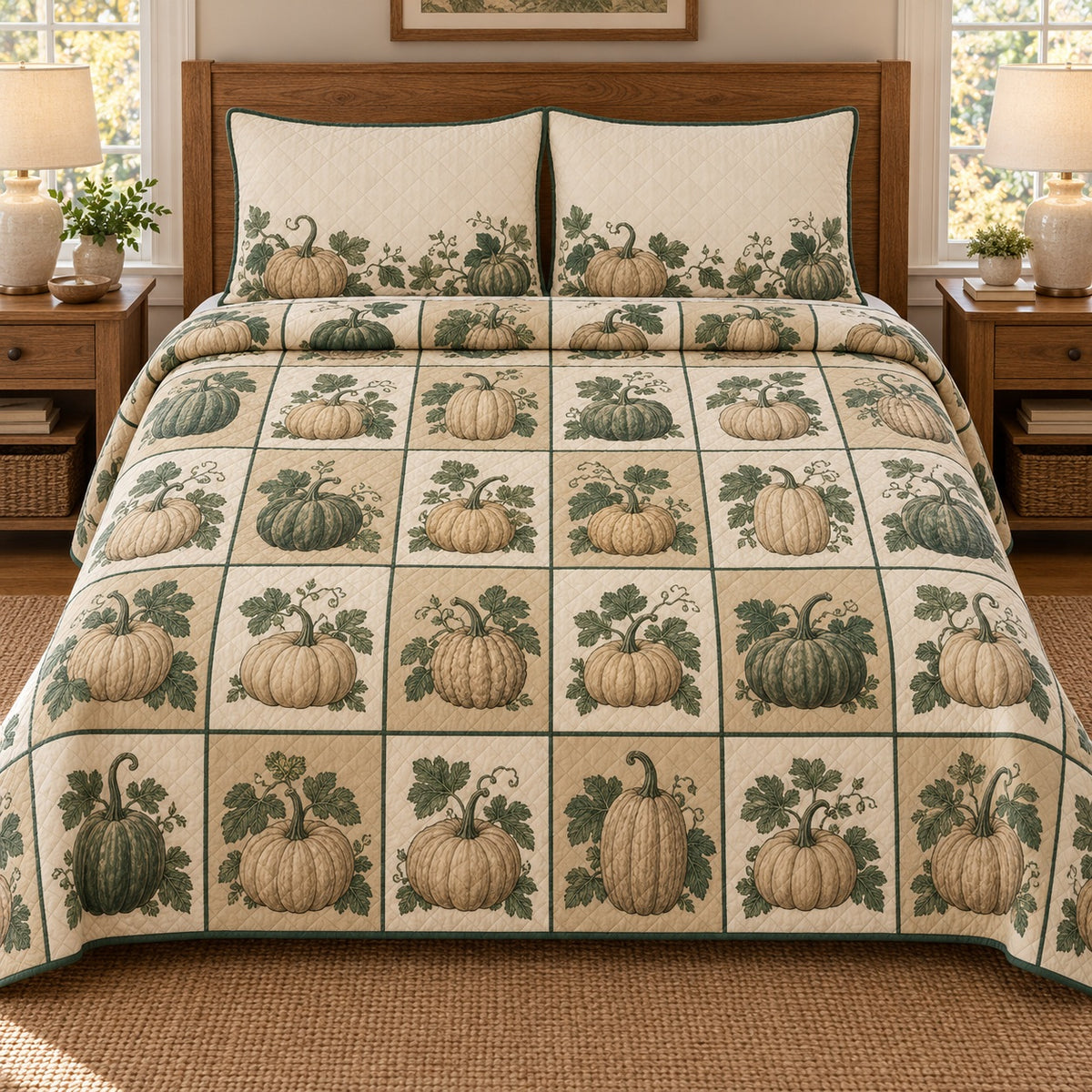 AI mockup, front bedroom view of a Halloween quilt with botanical pumpkin tiles with vines and leaves and two matching printed pillow covers.