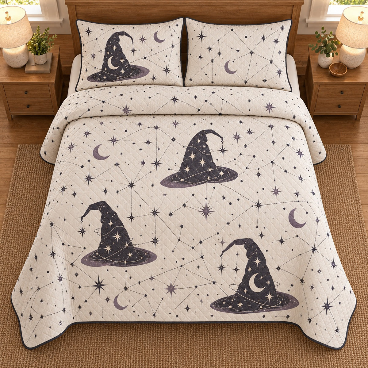 AI mockup, high overhead bedroom view of a Halloween quilt with witch hats and celestial constellation motifs on cream and two matching printed pillow covers.