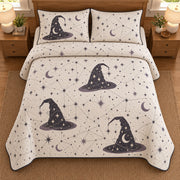 AI mockup, high overhead bedroom view of a Halloween quilt with witch hats and celestial constellation motifs on cream and two matching printed pillow covers.