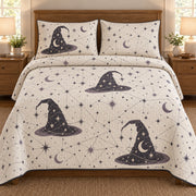 AI mockup, front bedroom view of a Halloween quilt with witch hats and celestial constellation motifs on cream and two matching printed pillow covers.