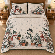 AI mockup, high overhead bedroom view of a snowman quilt with snowmen tending snowy potted trees and two matching printed pillow covers.