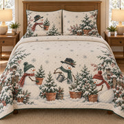 AI mockup, front bedroom view of a snowman quilt with snowmen tending snowy potted trees and two matching printed pillow covers.