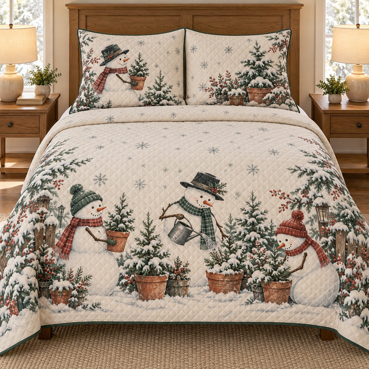 AI mockup, front bedroom view of a snowman quilt with snowmen tending snowy potted trees and two matching printed pillow covers.