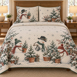 Snowman Quilt Set, Garden Party, Winter Bedroom Decor, Gift for Snowman Lovers