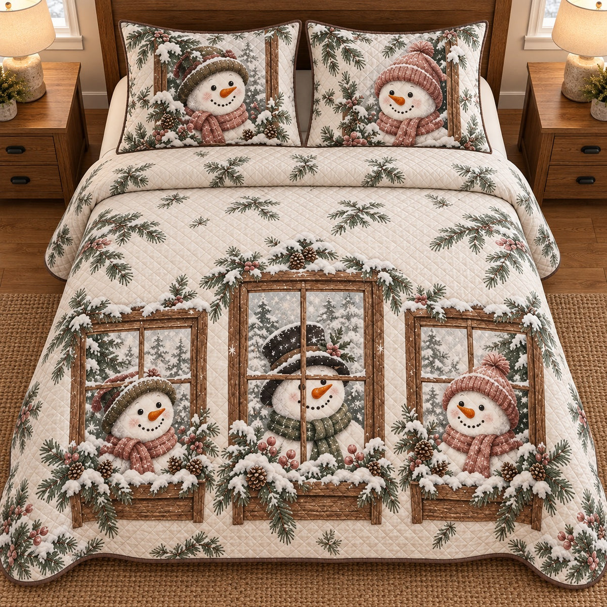 AI mockup, high overhead bedroom view of a snowman quilt with snowmen in wooden windows with snowy pine window boxes and two matching printed pillow covers.