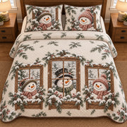 AI mockup, high overhead bedroom view of a snowman quilt with snowmen in wooden windows with snowy pine window boxes and two matching printed pillow covers.