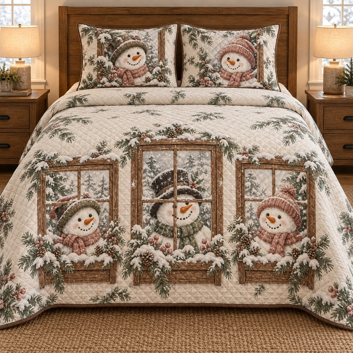 AI mockup, front bedroom view of a snowman quilt with snowmen in wooden windows with snowy pine window boxes and two matching printed pillow covers.
